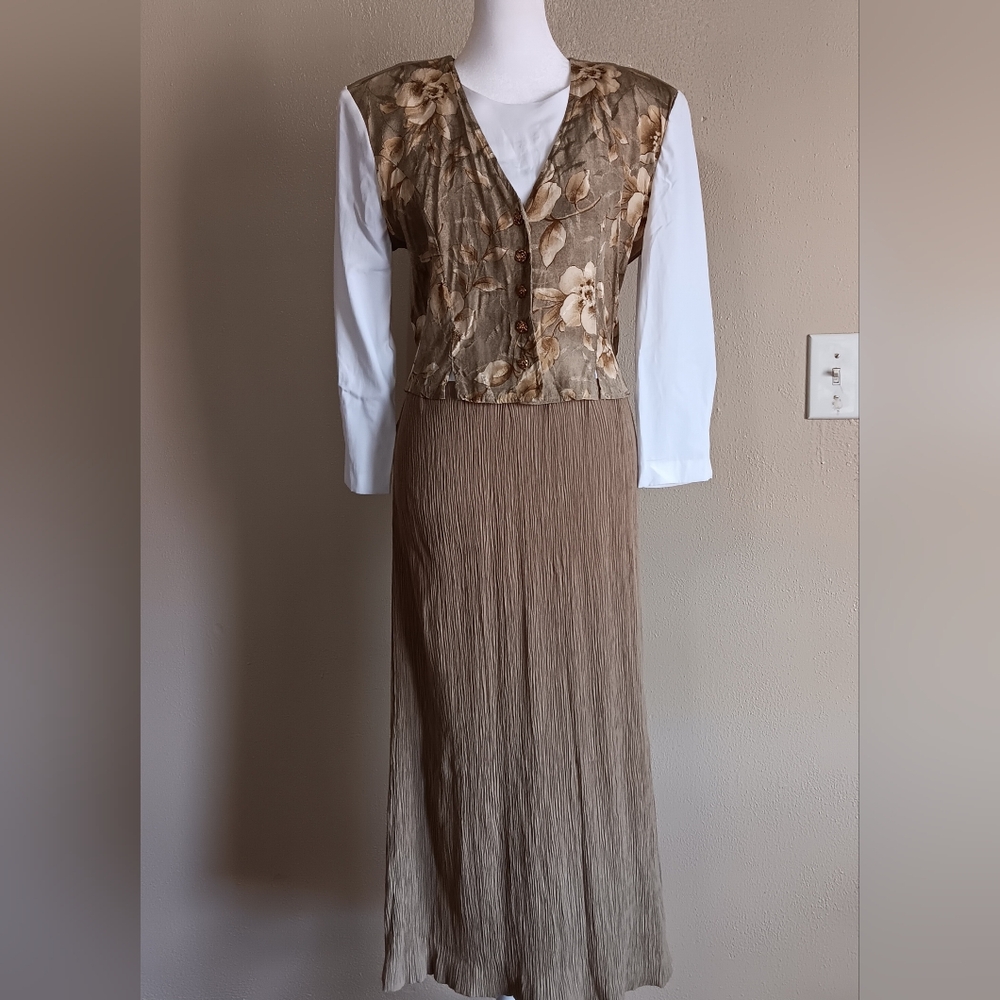 Cottagecore Tan White Vintage Size 10 Womes Floral Maxi Dress Cottage Prairie